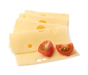 Slices of tasty fresh cheese and tomatoes isolated on white