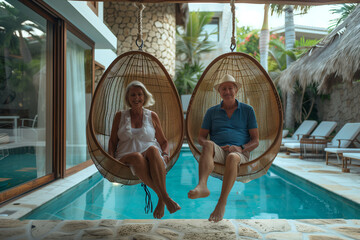 Obraz na płótnie Canvas Man and Woman Sitting by Pool