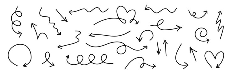 Arrow doodle style set. Swirl outline arrows. Handdrawn cute arrows.