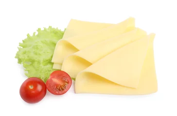 Poster Slices of fresh cheese, tomatoes and lettuce isolated on white, top view © New Africa