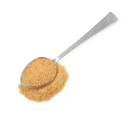 Foto op Canvas Pile of brown sugar and spoon isolated on white, top view © New Africa
