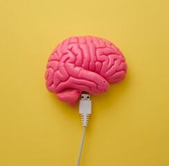 A pink brain connected to a USB cable in a yellow background new skills downloading with new technologies helping to read mind microchip implantation - obrazy, fototapety, plakaty