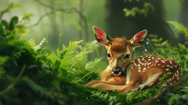 Adorable fallow deer fawn with spotted fur and innocent expression, resting in lush green forest, wildlife digital painting