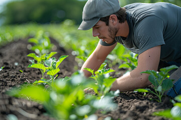 Man Kneeling in Field