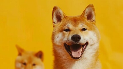 Adorable Shiba Inu dog with joyful expression against vibrant yellow background, cute portrait of popular Japanese breed