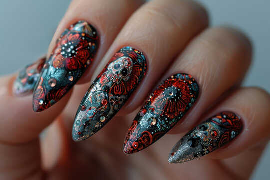 stiletto nails with detailed sugar skull design and rhinestones