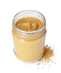 Glass jar of tasty mustard sauce and dry seeds isolated on white