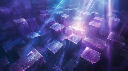 digital artwork portrays a 3D landscape composed of illuminated blue and purple blocks. - obrazy, fototapety, plakaty