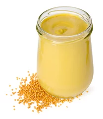 Foto op Canvas Glass jar of tasty mustard sauce and dry seeds isolated on white © New Africa