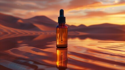 A dropper bottle of perfume on an evening desert with a reflective surface, in the style of dark beige and dark amber. - obrazy, fototapety, plakaty