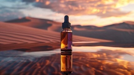 A dropper bottle of perfume on an evening desert with a reflective surface, in the style of dark beige and dark amber. - obrazy, fototapety, plakaty