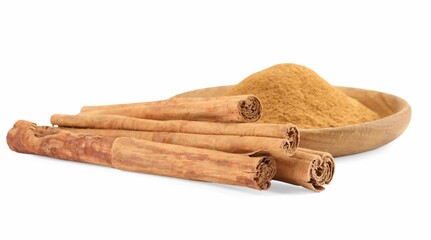 Dry aromatic cinnamon sticks and powder isolated on white