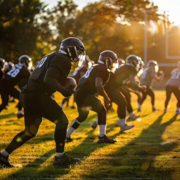 American football team practicing offensive and defensive drills together on a sports field in the late afternoon. Generative AI