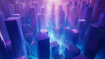 digital artwork portrays a 3D landscape composed of illuminated blue and purple blocks. - obrazy, fototapety, plakaty