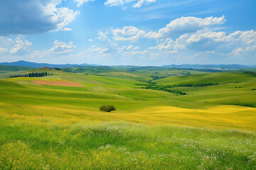 Fototapeta premium the landscape of a vast meadow for computer wallpaper, or the texture of the view outside the window for visualization, generative AI