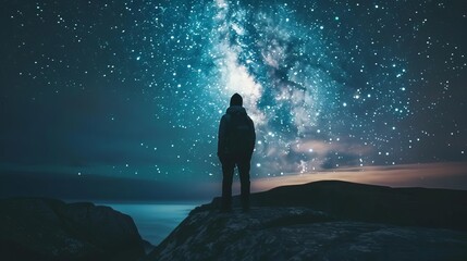 Fototapeta premium Adventurer gazing at the starry night sky, sense of wonder and exploration concept