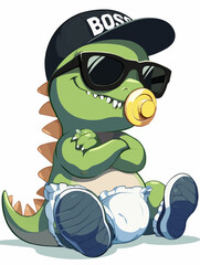 Cool Baby T-Rex Dinosaur Like a Boss Toddler with Baseball Cap and large Sunglasses Mini Chef Baby T-Rex