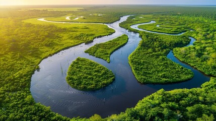 Aerial view of Congo River meandering through lush mangrove swamps, wild untouched nature landscape