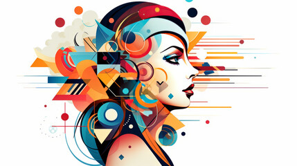  Woman's profile with colorful geometric elements as representation of complex functions of the mind. Abstract concept of mental health, peace of mind, mindful living. Psychology, psychotherapy.