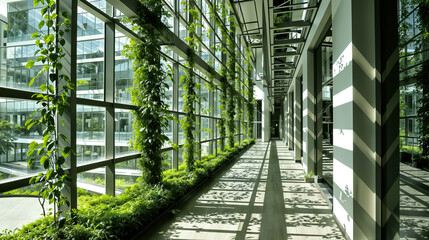 a sunlit corridor within a modern building showcasing an integration of green plants and contemporary architecture - Generative AI - Powered by Adobe