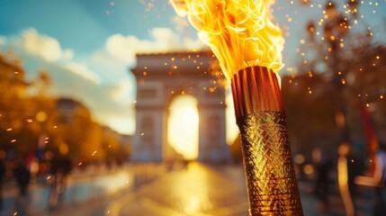 Flame of the Olympic games in Paris with the Arc de Triomphe in the background by day - obrazy, fototapety, plakaty
