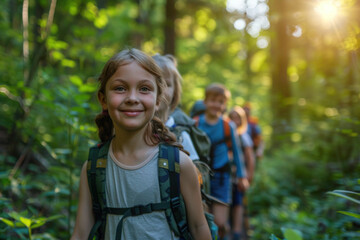 Active young kids, teenagers hiking trough the forest, summer camp