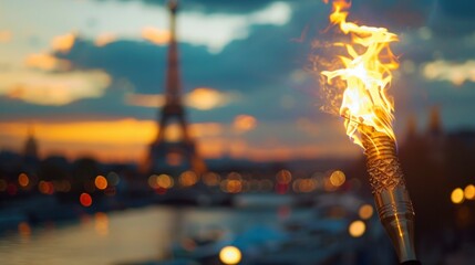 Flame from the Olympic Games in Paris with the Eiffel Tower in the background out of focus in high resolution and high quality