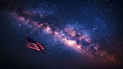 American flag flutters majestically among the stars in night sky, patriotic symbol of freedom and pride