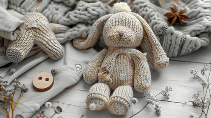 Fototapeta na wymiar Children's toys on a light gray background, a knitted toy rabbit, children's clothes and accessories