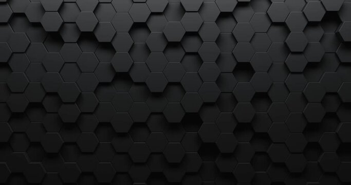 Dark futuristic hexagonal background with slow moving hexagons in random movement. Geometric tech wallpaper or background mosaic. - 3d render