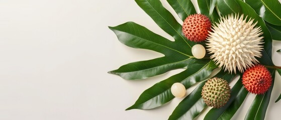   A green plant with red and white flowers supports a collection of fruits on its leaves