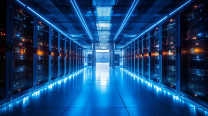 Modern Data Center with Glowing Blue Server Racks - obrazy, fototapety, plakaty