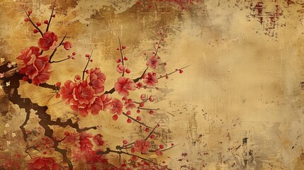 Ancient oriental golden painting of plum blossoms on a rich, textured background, symbolizing renewal and perseverance, digital art