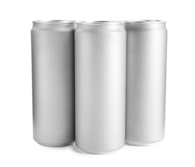 Energy drinks in aluminum cans on white background