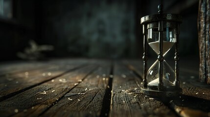 Antique hourglass on dark wooden floor, passing of time concept, low key lighting, still life photography, digital painting - obrazy, fototapety, plakaty