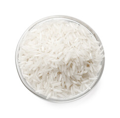 Raw basmati rice in bowl isolated on white, top view