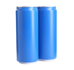 Energy drinks in blue aluminum cans on white background