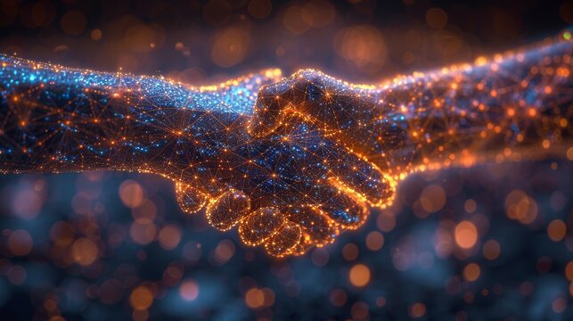 Two humanoid  robots hands, handshake on abstract background. Technology wallpaper