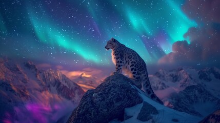 Snow leopard in wild snow field with beautiful aurora northern lights in night sky with snow forest in winter.