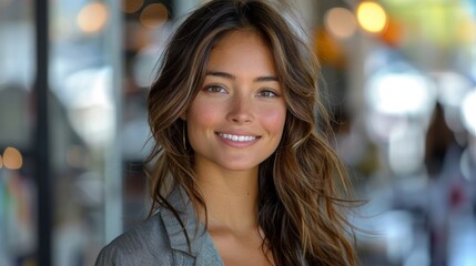 Beautiful happy woman portrait on the blurred city background 