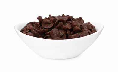 Breakfast cereal. Chocolate corn flakes in bowl isolated on white