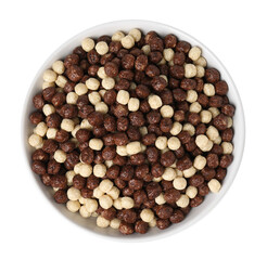 Tasty cereal balls in bowl isolated on white, top view