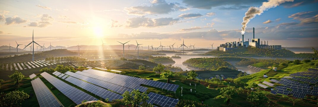 A futuristic green industry eco power plant amidst lush surroundings, exemplifying a commitment to preserving the environment and ensuring low carbon emissions