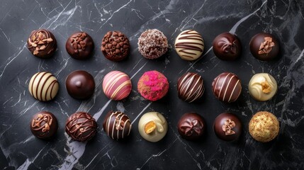 assorted gourmet chocolate truffles on a dark marble background, food photography - obrazy, fototapety, plakaty