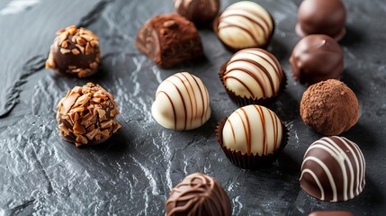 assorted gourmet chocolate truffles on a dark marble background, food photography