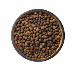 Dry allspice berries (Jamaica pepper) in bowl isolated on white, top view