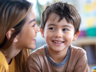 A touching close-up image showcases the bond between a special education teacher and student, as they share a breakthrough moment filled with genuine happiness and the rewards of learning.