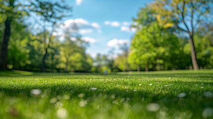 Beautiful blurred background image of spring nature with a neatly trimmed lawn surrounded by trees against a blue sky with clouds on a bright sunny day