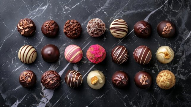 assorted gourmet chocolate truffles on a dark marble background, food photography