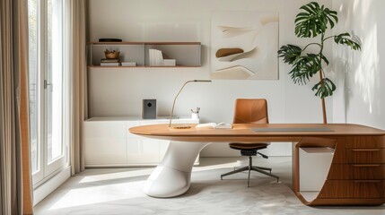 Stylish yet minimalist eco-friendly home office, blending functionality with sustainable design principles